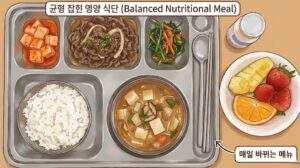 균형 잡힌 영양 식단'이라는 제목과 '매일 바뀌는 메뉴'라는 설명이 추가된 먹음직스러운 학사 식판 일러스트입니다