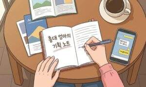 조용한 카페 테이블에서 'Curriculum Plan'이라고 적힌 노트에 필기하며 스마트폰으로 팀원들과 카톡을 주고받는 '총대' 엄마의 손과 커피, 교육 브로셔가 놓인 모습