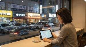 대치동 학원가 카페 창가에서 태블릿PC로 자녀의 학원 스케줄을 관리하며 픽업을 기다리는 학부모의 현실적인 모습.