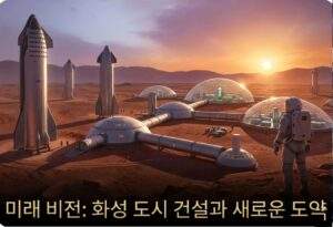 붉은 화성 표면에 건설된 미래형 돔 도시와 여러 대의 스타십 로켓이 착륙해 있는 컨셉 아트. 우주복을 입은 사람이 해 질 녘의 도시를 바라보고 있으며, 하단에 '미래 비전: 화성 도시 건설과 새로운 도약' 문구가 있다.