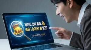 노트북 화면을 통해 자신의 숨겨진 높은 시장 가치(연봉)를 발견하고 놀라는 직장인의 모습.