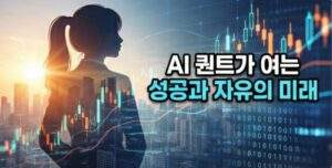 성공한 투자자의 실루엣과 상승하는 디지털 주식 차트, 새벽 도시의 스카이라인이 겹쳐진 이중 노출 이미지로 경제적 자유를 상징함.