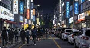 밤 10시 학원 종료 시간, 귀가하는 학생들과 픽업 차량으로 북새통을 이룬 대치동 학원가 거리의 실제 풍경 사진.