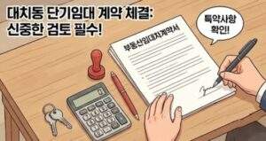대치동 단기임대 풀옵션: 부동산 임대차 계약서에 임차인이 서명하고 있는 손의 클로즈업 사진. 나무 탁자 위에는 '부동산임대차계약서'라고 적힌 문서, 계산기, 인주가 묻은 도장, 그리고 방 열쇠가 놓여 있어 계약이 체결되는 순간을 보여준다.