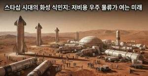 스페이스X 스타십 우주선을 활용한 미래 화성 식민지와 대량 우주 물류 기지 상상도