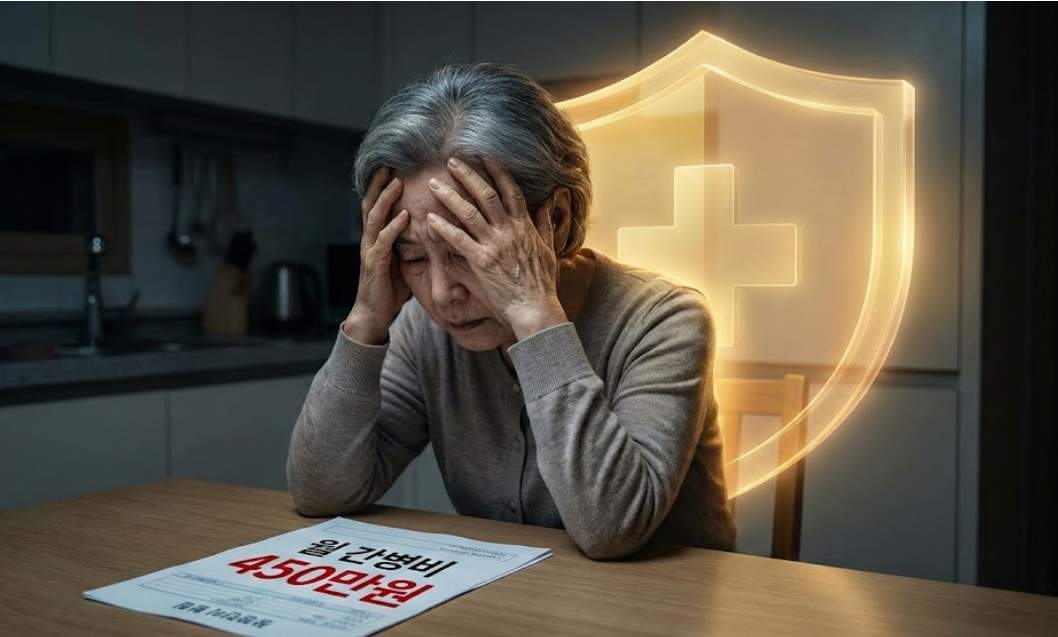60대 여성이 월 450만 원 간병비 청구서를 보고 걱정하는 모습과 이를 막아주는 보험 방패 이미지