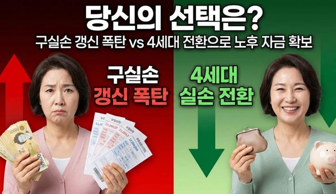 왼쪽에는 '구실손 갱신 폭탄'이라는 문구와 함께 걱정스러운 표정의 50대 여성이 돈다발과 청구서를 들고 있고 빨간색 상승 화살표가 그려져 있으며, 오른쪽에는 '4세대 실손 전환' 문구와 함께 웃는 같은 여성이 동전 지갑과 저금통을 들고 있고 초록색 하락 화살표가 그려진 대비되는 분할 이미지.