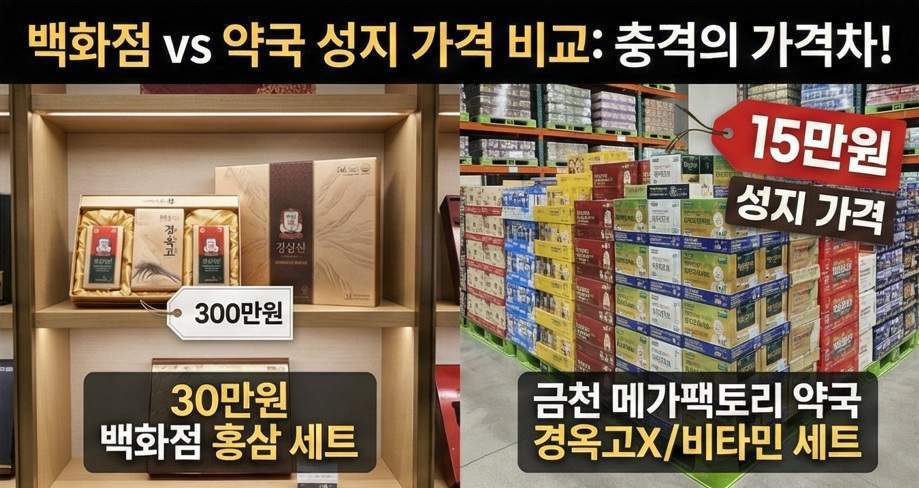 30만원 백화점 홍삼 세트와 15만원 금천 메가팩토리 약국 경옥고/비타민 세트 가격 및 물량 비교 인포그래픽