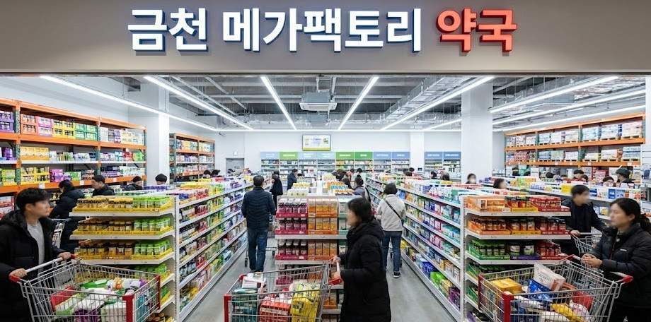 금천 메가팩토리 약국 내부 전경, 대형 마트처럼 카트를 끌고 영양제를 쇼핑하는 사람들.