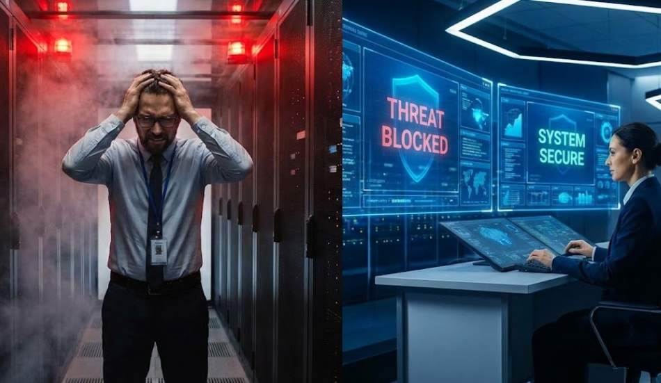 왼쪽은 붉은 경고등이 켜진 서버실에서 머리를 감싸 쥐고 절망하는 IT 관리자, 오른쪽은 파란색 홀로그램 화면에 'THREAT BLOCKED'가 표시된 최첨단 보안 관제 센터에서 침착하게 데이터를 분석하는 전문가의 모습을 대비시킨 분할 사진.