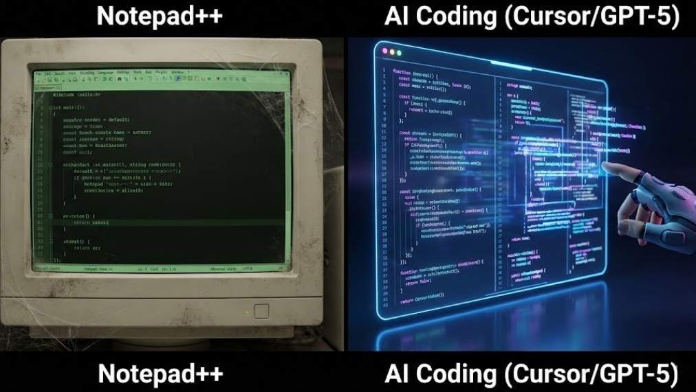 Notepad++ 구형 모니터와 GPT-5 기반 AI 코딩(Cursor) 홀로그램 인터페이스 비교 이미지. 개발자 생산성 도구의 과거와 미래를 대비하여 보여줍니다.