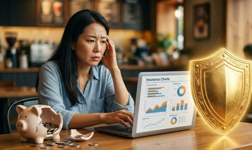 30대 여성이 카페에서 보험 차트를 보며 걱정하고 있고, 책상 위에는 깨진 돼지저금통과 황금 방패가 놓여 있다.