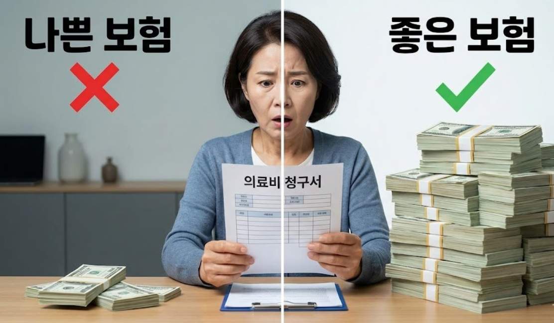 놀란 표정의 중년 여성이 의료비 청구서를 보고 있고, 좌우로 나쁜 보험과 좋은 보험의 보험금 차이를 보여주는 돈 더미가 비교되어 있다.