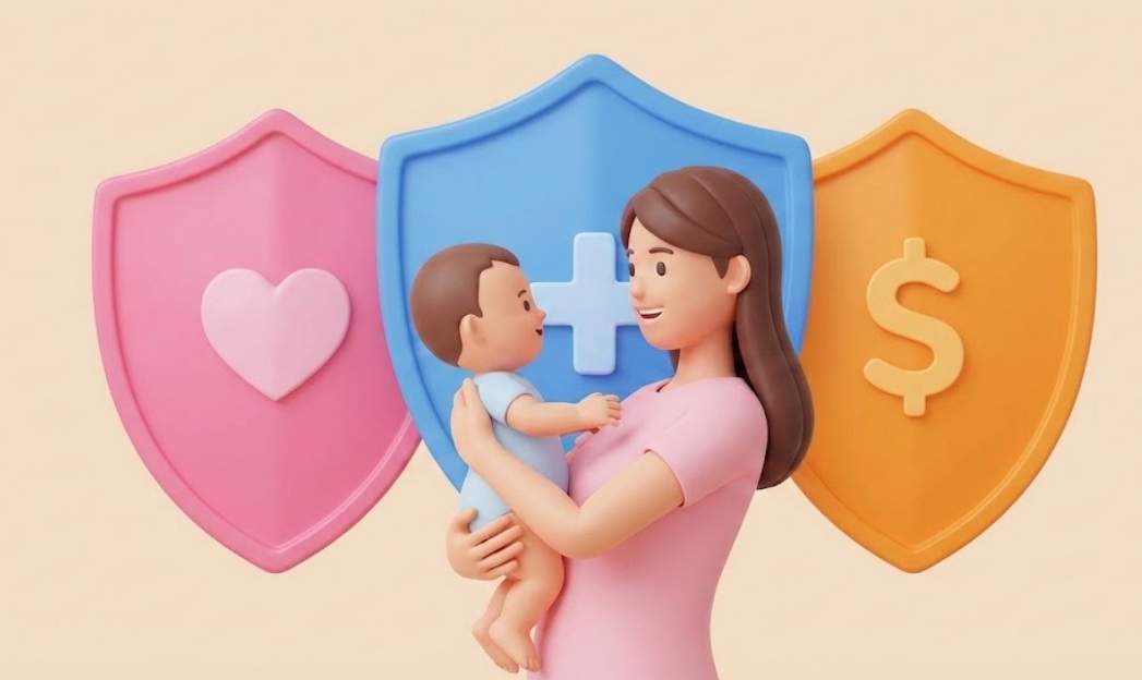아기를 안고 행복하게 웃는 여성을 하트(사랑), 십자가(건강), 달러(돈) 아이콘이 새겨진 세 개의 3D 방패가 감싸고 있는 일러스트레이션. 여성 보험이 제공하는 출산, 건강, 재정적 보호를 상징.