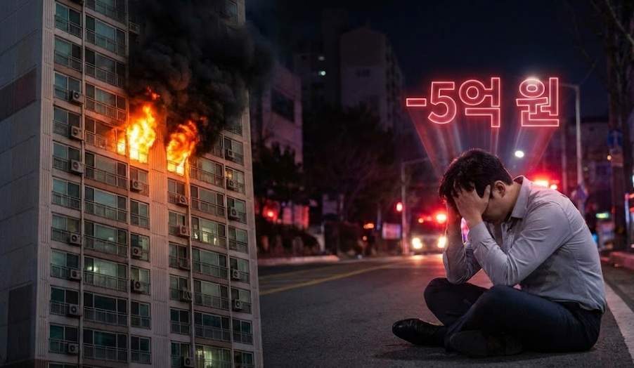 밤에 불타는 고층 아파트 건물과 그 앞에서 머리를 감싸 쥐고 절망하는 남성. 그의 머리 위로 붉은색 네온사인으로 '-5억 원'이라는 글자가 떠 있다.