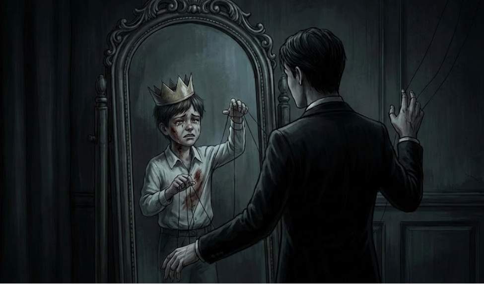 거울 앞에 선 성인 남성의 뒷모습과 거울 속에 비친 상처 입은 어린아이가 실을 이용해 성인을 꼭두각시처럼 조종하는 어두운 분위기의 삽화.