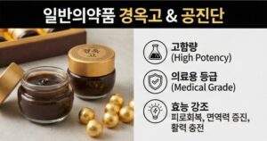약국 전용 일반의약품 경옥고 단지와 공진단 금색 환, '고함량', '사향 함유' 문구와 함께 효능 강조