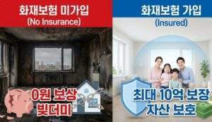 왼쪽은 불탄 집과 깨진 저금통, 쇠사슬로 묶인 집 아이콘이 있는 '화재보험 미가입' 상태. 오른쪽은 행복한 가족과 보호막, 돈뭉치가 있는 '화재보험 가입' 상태를 비교하는 인포그래픽.