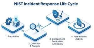 NIST 침해사고 대응 수명 주기(Incident Response Life Cycle)를 보여주는 아이소메트릭 인포그래픽. 1단계 준비(Preparation), 2단계 탐지 및 분석(Detection & Analysis), 3단계 봉쇄, 근절 및 복구(Containment, Eradication, & Recovery), 4단계 사후 활동(Post-Incident Activity)이 화살표로 연결되어 흐름을 나타냄.