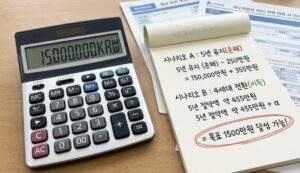 책상 위에 놓인 계산기 화면에 '15,000,000 KRW' 숫자가 표시되어 있고, 옆의 메모장에는 '시나리오 A: 5년 유지(손해)'와 '시나리오 B: 4세대 전환(이득)'의 보험료 및 병원비 비교 계산 과정과 '5년 절약액 약 455만원 + α = 목표 1500만원 달성 가능!'이라는 손글씨가 적혀 있는 현실적인 사진. 배경에는 보험 서류가 보임.