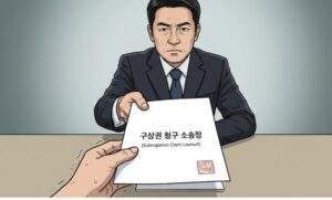 정장을 입은 보험사 직원이 냉철한 표정으로 '구상권 청구 소송장'이라고 적힌 서류를 건네고, 이를 받는 세입자의 손이 떨리고 있는 1인칭 시점의 일러스트.