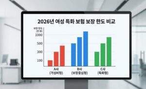 2026년 여성 특화 보험 A사, B사, C사의 난임 보장 한도를 비교하는 막대그래프가 모니터 화면에 표시되어 있다. B사의 보장 한도가 가장 높다.