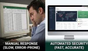 왼쪽은 구식 모니터의 엑셀 화면을 보며 괴로워하는 남성과 "MANUAL RESPONSE (SLOW, ERROR-PRONE)" 텍스트, 오른쪽은 최신 모니터의 직관적인 보안 대시보드 화면과 "AUTOMATED SECURITY (FAST, ACCURATE)" 텍스트를 대비시킨 비교 이미지.