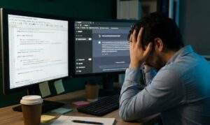어두운 방에서 Notepad++와 ChatGPT 창을 오가며 머리를 감싸 쥐고 괴로워하는 개발자의 모습. 비효율적인 코딩 방식의 현실을 보여줍니다.