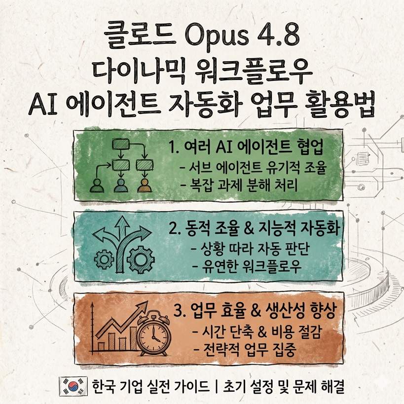 Claude Opus 4.8 다이나믹 워크플로우를 활용한 AI 에이전트 자동화 업무 활용법을 설명하는 한글 인포그래픽. 여러 AI 에이전트의 유기적 조율(1단계), 상황에 따른 동적 판단(2단계), 업무 효율 및 생산성 향상(3단계)을 단계별로 보여주며, 하단에는 한국 기업을 위한 실전 가이드 정보가 포함되어 있습니다.