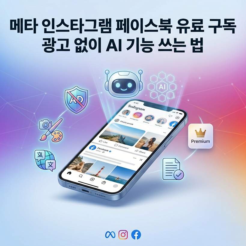 메타의 브랜드 색상(블루, 퍼플, 마젠타, 오렌지)이 부드럽게 어우러진 그라데이션 배경에 스마트폰이 떠 있는 현대적인 3D 일러스트레이션입니다. 스마트폰 화면은 광고가 없는 깨끗한 소셜 미디어 피드 인터페이스(인스타그램과 페이스북의 통합)를 보여줍니다. 전화기 위와 주변으로 빛나는 마법 같은 스파크 요소와 친근한 로봇 어시스턴트 헤드 아이콘이 솟아올라 있어 고급 AI 기능을 상징합니다. 왼쪽에는 'AD' 텍스트가 지워진 스타일리시한 방패 아이콘이 떠 있어 '광고 제거'를 시각화합니다. 상단에는 굵고 깔끔한 한글 텍스트가 두 줄로 떠 있습니다: '메타 유료 구독', '광고 없이 AI 기능 쓰는 법'. 전반적인 조명은 밝고 매력적이며 시네마틱한 깊이감을 줍니다.
