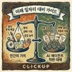 미래 일자리 변화 대비 가이드를 보여주는 정사각형의 빈티지한 목판화 스타일 일러스트레이션. 상단에는 '미래 일자리 대비 가이드'라는 한국어 텍스트 배너가 있습니다. 중앙에는 저울이 있으며, 왼쪽 저울에는 인간의 창의성, 전략, 공감을 상징하는 나침반, 붓, 전구 아이콘과 '인간의 가치 (창의, 전략, 공감)' 한국어 텍스트가 있습니다. 오른쪽 저울에는 수백 개의 작은 로봇 블록들이 '고객 응대', '데이터 분석', '스케줄링', '보고서 작성' 한국어 텍스트가 새겨진 작업 카드를 처리하고 있으며 'AI 에이전트 직원 대체 (자동화, 자율)' 한국어 텍스트가 있습니다. 하단에는 'C-L-I-C-K-U-P'라는 빈티지 텍스트가 보입니다.