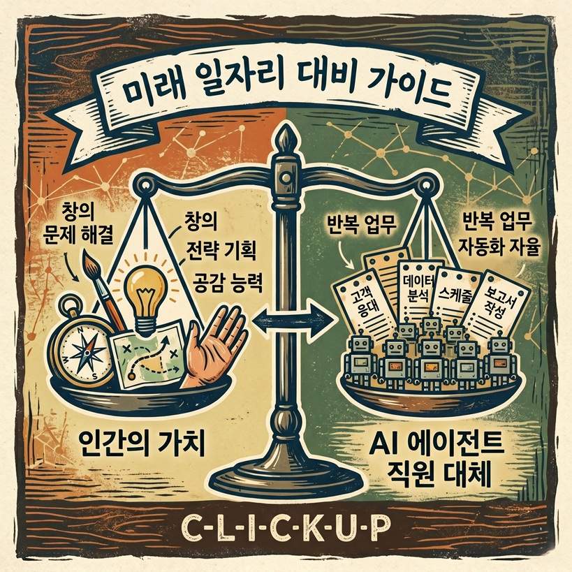 미래 일자리 변화 대비 가이드를 보여주는 정사각형의 빈티지한 목판화 스타일 일러스트레이션. 상단에는 '미래 일자리 대비 가이드'라는 한국어 텍스트 배너가 있습니다. 중앙에는 저울이 있으며, 왼쪽 저울에는 인간의 창의성, 전략, 공감을 상징하는 나침반, 붓, 전구 아이콘과 '인간의 가치 (창의, 전략, 공감)' 한국어 텍스트가 있습니다. 오른쪽 저울에는 수백 개의 작은 로봇 블록들이 '고객 응대', '데이터 분석', '스케줄링', '보고서 작성' 한국어 텍스트가 새겨진 작업 카드를 처리하고 있으며 'AI 에이전트 직원 대체 (자동화, 자율)' 한국어 텍스트가 있습니다. 하단에는 'C-L-I-C-K-U-P'라는 빈티지 텍스트가 보입니다.
