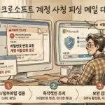 레트로 스케치 스타일의 일러스트. 한 사용자가 책상에 앉아 듀얼 모니터를 확인하고 있음. 왼쪽 모니터에는 마이크로소프트 사칭 피싱 메일과 가짜 URL(login-ms.net) 경고가, 오른쪽 모니터에는 비밀번호 변경 및 2단계 인증이 완료된 보안 화면이 보임. 이미지 하단에는 대처법 3단계(1. 링크/첨부파일 검증, 2. 즉각적인 조치, 3. 보안 강화)가 안내되어 있음.