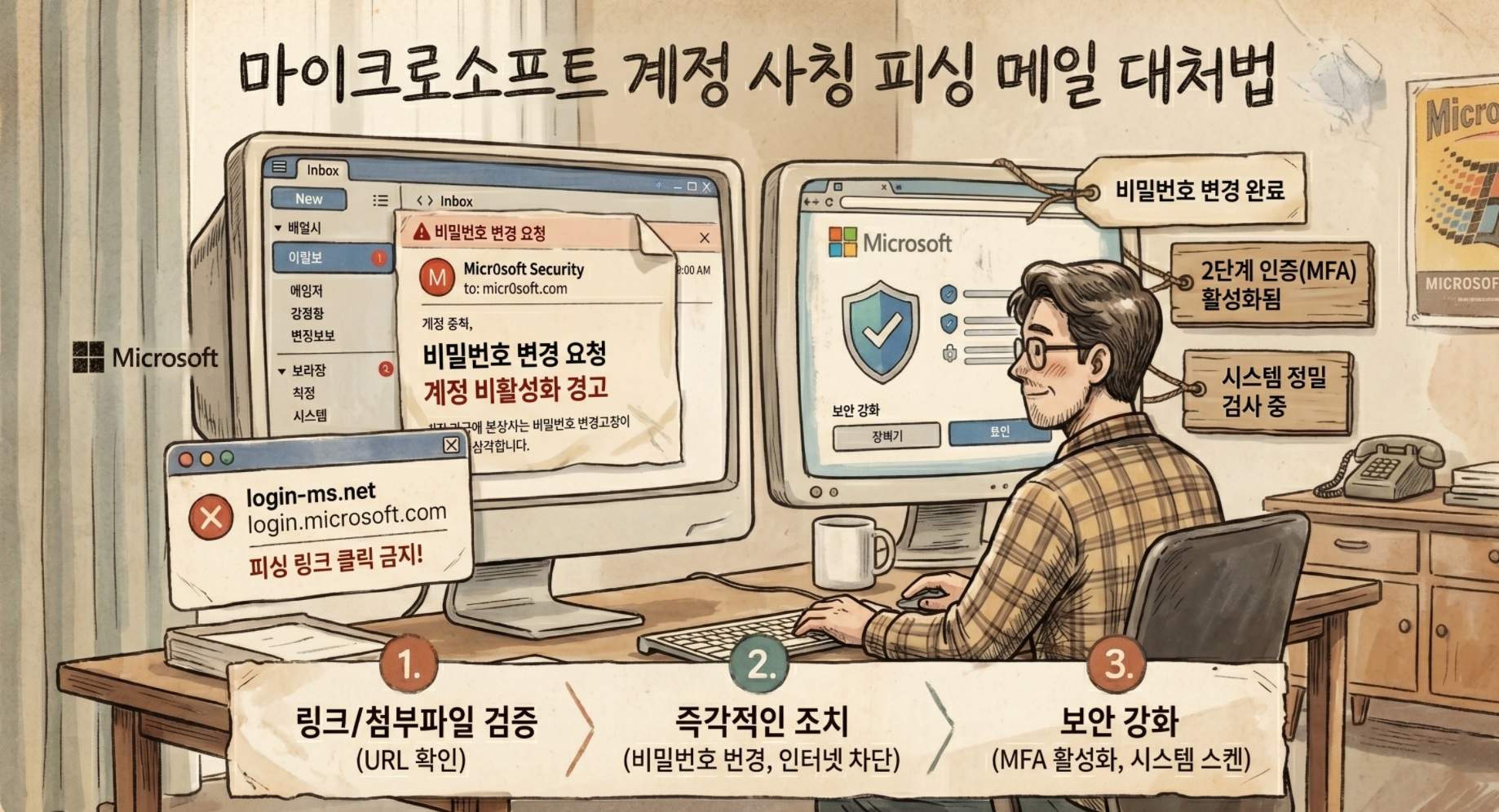레트로 스케치 스타일의 일러스트. 한 사용자가 책상에 앉아 듀얼 모니터를 확인하고 있음. 왼쪽 모니터에는 마이크로소프트 사칭 피싱 메일과 가짜 URL(login-ms.net) 경고가, 오른쪽 모니터에는 비밀번호 변경 및 2단계 인증이 완료된 보안 화면이 보임. 이미지 하단에는 대처법 3단계(1. 링크/첨부파일 검증, 2. 즉각적인 조치, 3. 보안 강화)가 안내되어 있음.