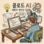 코딩하는 개발자와 그의 어깨 뒤에서 코드 제안을 가리키는 로봇의 빈티지한 손그림 일러스트레이션. 상단에는 '클로드 AI'와 '개발자 생산성 극대화'라는 한국어 텍스트가 있습니다. 로봇 옆 풍선에는 'code suggest suggestions'라는 영어 텍스트가 보입니다.