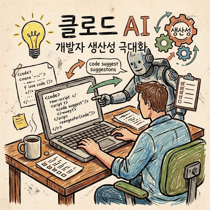 코딩하는 개발자와 그의 어깨 뒤에서 코드 제안을 가리키는 로봇의 빈티지한 손그림 일러스트레이션. 상단에는 '클로드 AI'와 '개발자 생산성 극대화'라는 한국어 텍스트가 있습니다. 로봇 옆 풍선에는 'code suggest suggestions'라는 영어 텍스트가 보입니다.