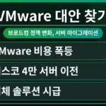 VMware 환경에서 새로운 가상화 솔루션으로 서버를 마이그레이션하는 과정을 시각적으로 표현. 브로드컴 정책 변화 후 VMware 라이선스 비용 폭등 해결 방법을 모색하는 기업들을 위한 대체 솔루션의 중요성을 강조.
