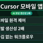 Cursor 코딩 앱의 모바일 인터페이스를 보여주며, 개발자 생산성을 2배 높이는 핵심 설정 3가지와 무료 사용 한도 초과 해결 방법을 시각적으로 강조하는 이미지.