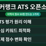 해커랭크 ATS 오픈소스를 활용하여 개발자 이력서 점수를 90점 이상으로 만드는 과정을 보여주는 화면. 무료 이력서 점수 확인하는 법을 강조하며, 합격률을 높이는 핵심 전략을 시각적으로 표현.