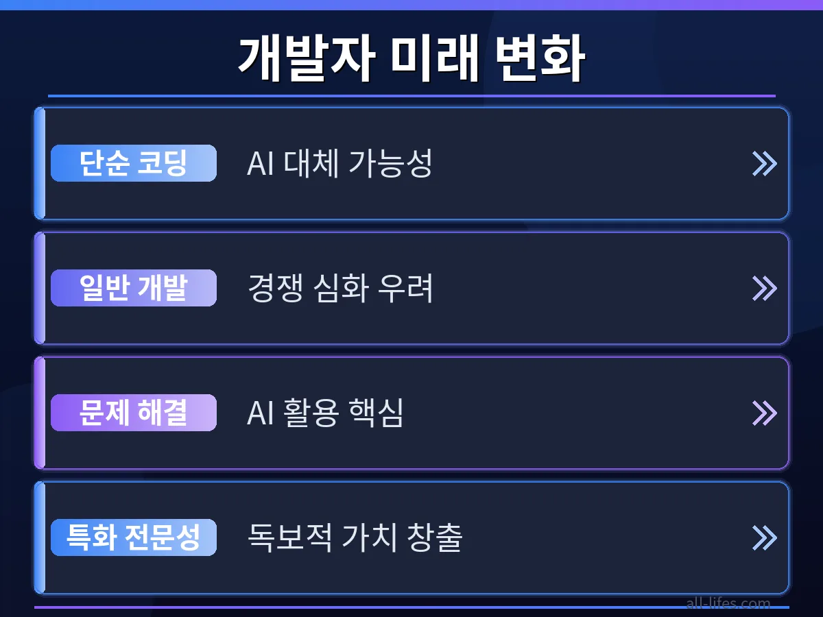 LLM 시대 개발자 연봉 삭감 위기 속에서 변화하는 직무를 비교하는 모습. 전통적인 개발 업무와 LLM 기반의 새로운 역할 사이의 차이점을 시각적으로 명확하게 보여줍니다.