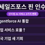 세일즈포스 핀 통합 후 기존 인터컴 사용자 3가지 변화를 시각적으로 보여주는 다이어그램. Salesforce 로고와 Intercom 로고가 Fin 기술을 통해 연결되어 고객 서비스 생산성이 향상되는 모습을 나타냅니다.