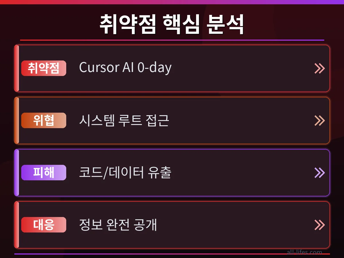 Cursor AI 0-day 취약점에 노출된 코드와 보안 업데이트 후 안전해진 코드를 비교하는 이미지입니다. 보안 주의사항을 지켜 코드 안전을 확보하는 중요성을 명확히 보여줍니다.