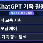 다양한 연령대의 가족 구성원들이 ChatGPT를 활용하여 자녀 교육과 부모님 돌봄을 효율적으로 돕는 모습을 보여주는 이미지. ChatGPT 가족 요금제 관련 정보도 함께 연상됩니다.