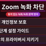 Zoom 회의 중 개인정보 보호를 위해 녹화 동의 없이 차단하는 방법을 고민하는 모습. 화면에는 Zoom 인터페이스와 함께 보안 설정 아이콘이 강조되어 있어, 사용자가 자신의 프라이버시를 적극적으로 지키려는 의지를 보여줍니다.