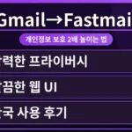 Gmail에서 Fastmail로 전환하며 개인정보 보호 설정을 2배 강화하는 과정을 시각적으로 보여주는 이미지. Gmail 무료 플랜 한도 초과 해결 방법을 제시하며 보안을 강조합니다.
