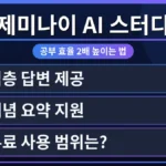 구글 제미나이 스터디 툴이 학생과 직장인의 학습 효율을 두 배 높이는 모습을 보여줍니다. 제미나이의 무료 사용 범위와 주요 기능을 시각적으로 강조하여, 사용자들이 어떻게 공부에 활용할 수 있는지 명확히 전달합니다.
