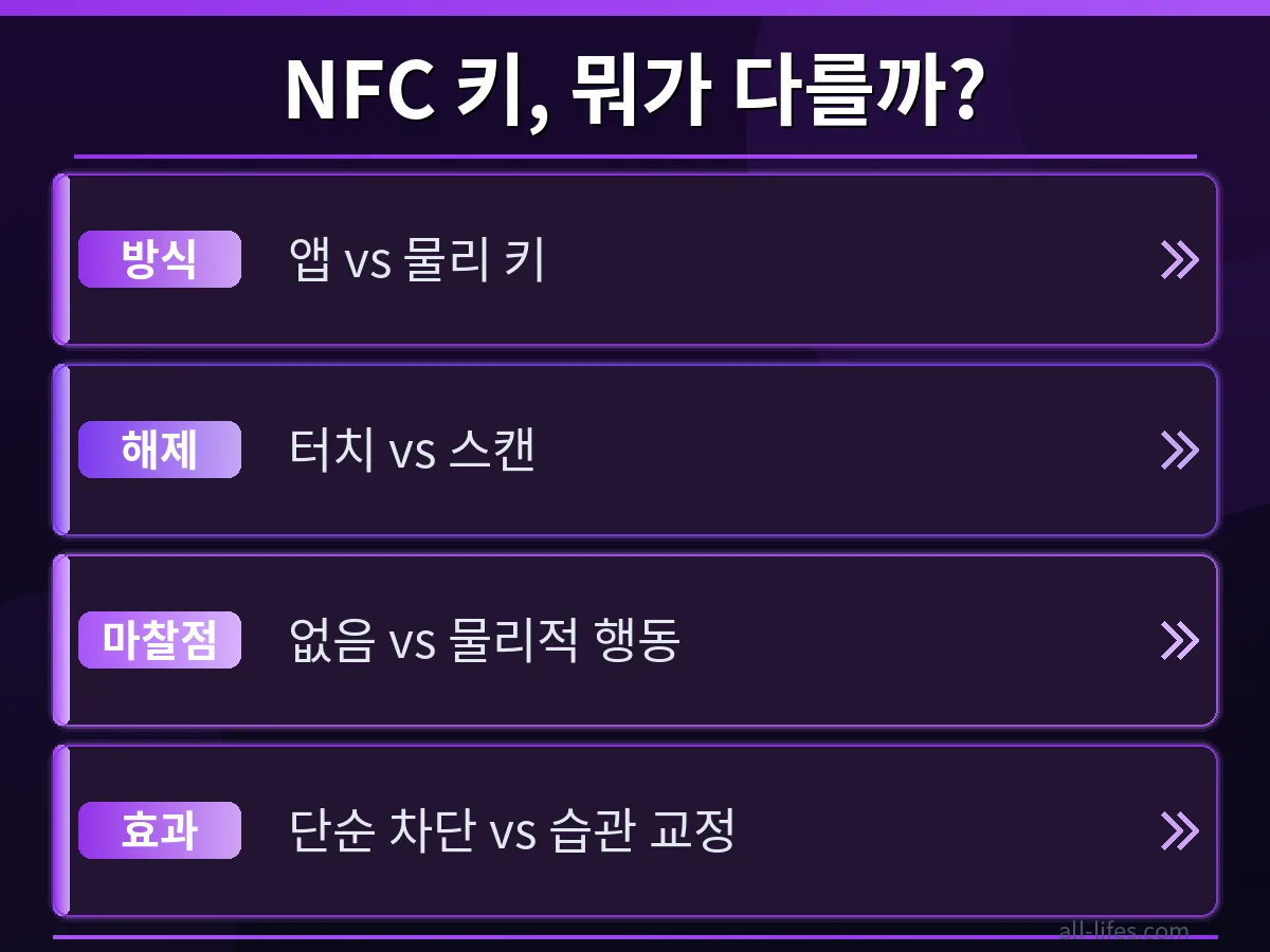 스마트폰 화면에 앱 잠금 어플과 9달러 NFC 키를 사용한 앱 잠금 방식의 장단점을 비교하는 표 또는 두 가지 방식이 시각적으로 대비되는 모습.