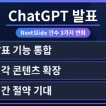 ChatGPT를 활용하여 발표 자료를 자동으로 생성하는 과정을 시각적으로 보여주는 이미지입니다. OpenAI의 NextSlide 인수 후 변화된 발표 자료 자동 생성 기능과 비용 관련 정보를 탐색하는 모습을 담고 있습니다.