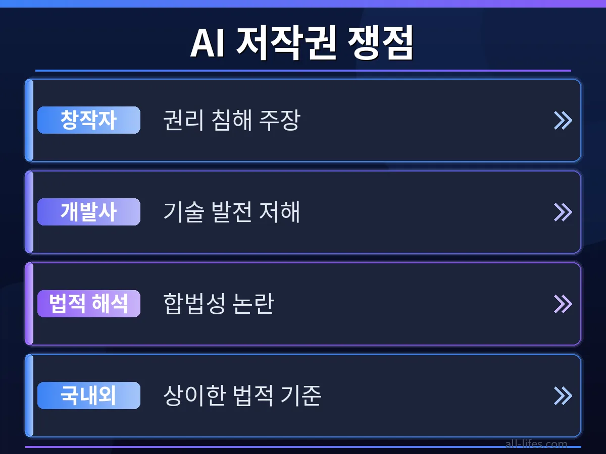 저울 위에 국내 법전과 해외 법전이 놓여 균형을 맞추는 모습. AI 저작권 문제에 대한 국내외 법적 논란 3가지 핵심 쟁점을 비교 분석하는 이미지를 나타냅니다.