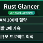 Rust Glancer를 통해 Rust LSP의 램 사용량이 100배 절약되어 개발 환경이 2배 빨라진 것을 보여주는 그래프 또는 비교 화면. Rust Glancer 램 사용량 줄이는 구체적 방법의 효과를 강조.